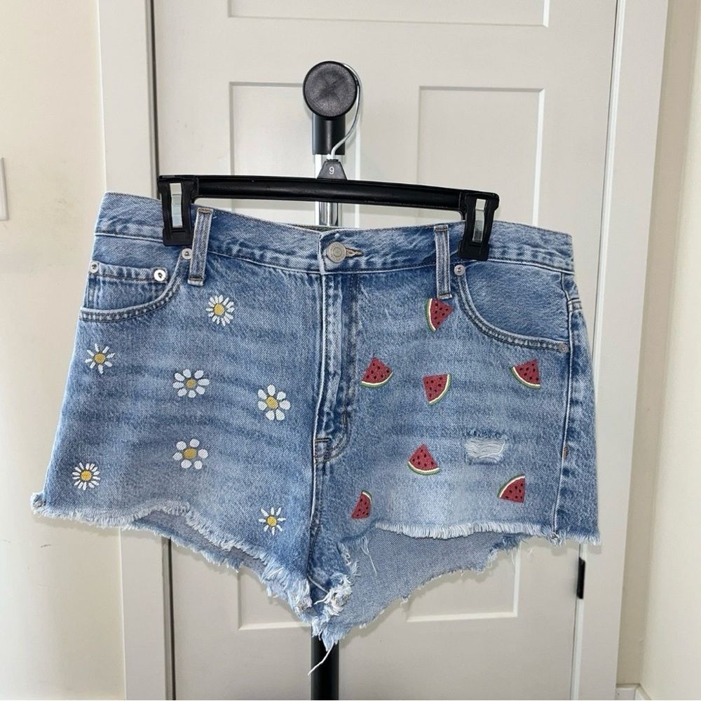 Aeropostale Blue Jean Shorts with Floral and Watermelon Accents